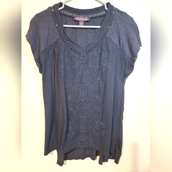 Gloria Vanderbilt small shortsleeve navy crochet lace embroidery tunic top - Picture 2 of 6